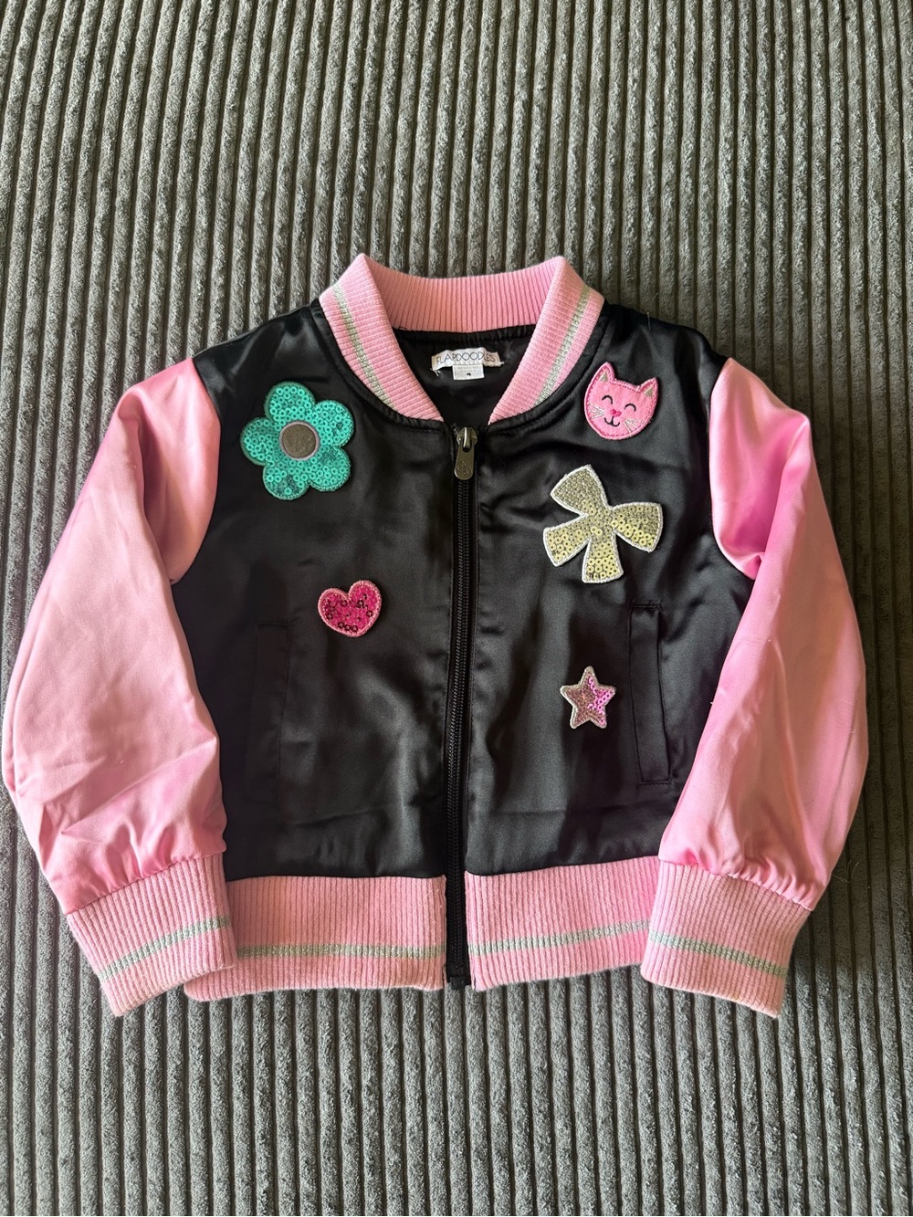 Flapdoodles black and pink sequined bomber jacket